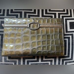 BRIGHTON JETSON FOLIO ORGANIZER WALLET BRN CROC EMBOSSED PATENT & PURPLE LEATHER